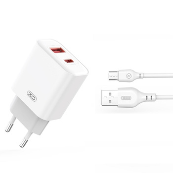 XO ładowarka sieciowa CE12 PD QC 3.0 20W 1x USB 1x USB-C biała + kabel USB – microUSB